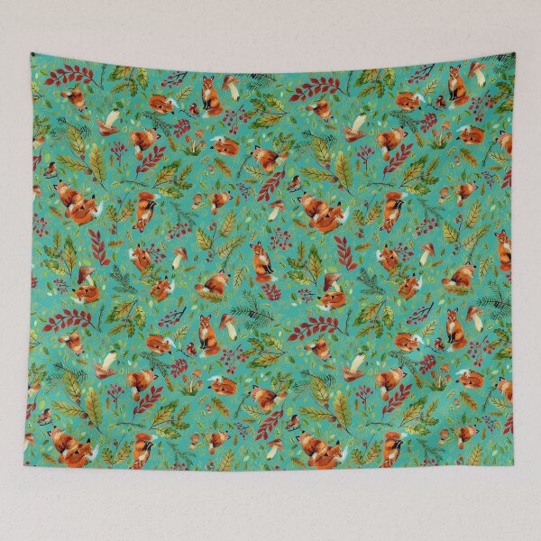 Item preview, Autumn Girl with Foxes Turqoise designed and sold by SandraArtStudio.