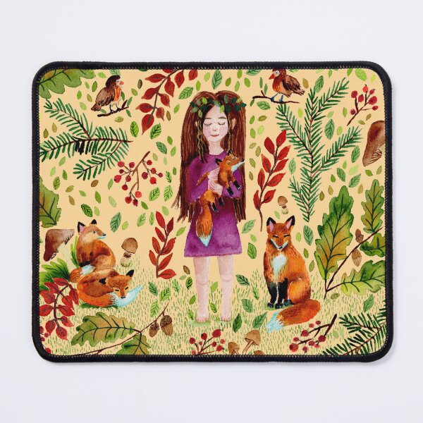 Item preview, Autumn Girl with Foxes Turqoise Light Yellow designed and sold by SandraArtStudio.