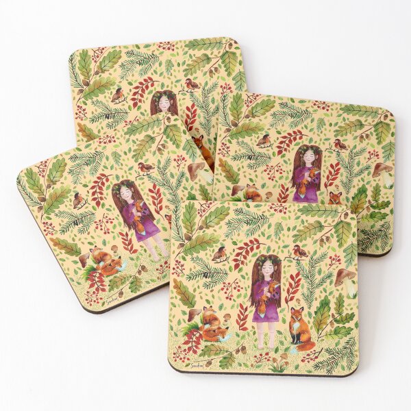 Item preview, Autumn Girl with Foxes Turqoise Light Yellow designed and sold by SandraArtStudio.