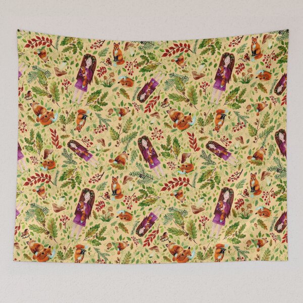 Item preview, Autumn Girl with Foxes Turqoise Light Yellow designed and sold by SandraArtStudio.