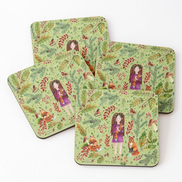 Item preview, Autumn Girl with Foxes Turqoise Light Green designed and sold by SandraArtStudio.