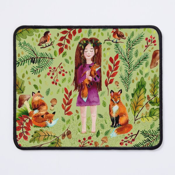 Item preview, Autumn Girl with Foxes Turqoise Light Green designed and sold by SandraArtStudio.