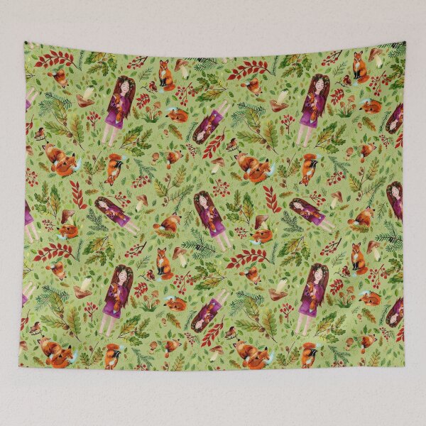 Item preview, Autumn Girl with Foxes Turqoise Light Green designed and sold by SandraArtStudio.