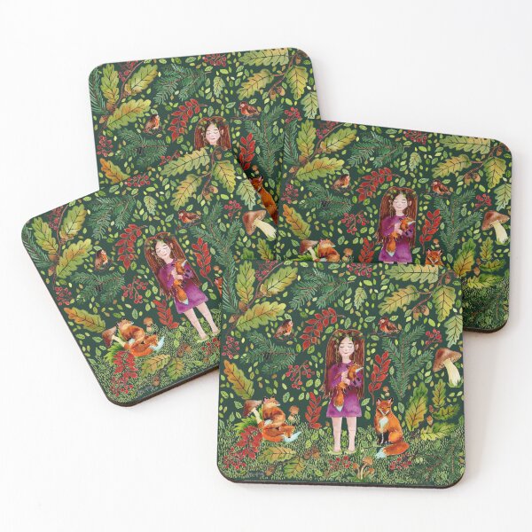 Item preview, Autumn Girl with Foxes Dark Green designed and sold by SandraArtStudio.