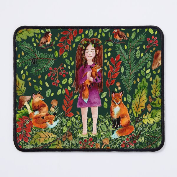 Item preview, Autumn Girl with Foxes Dark Green designed and sold by SandraArtStudio.