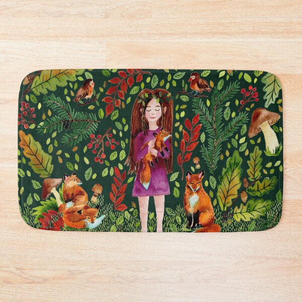 Item preview, Autumn Girl with Foxes Dark Green designed and sold by SandraArtStudio.