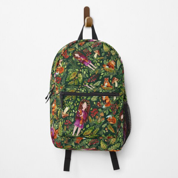 Item preview, Autumn Girl with Foxes Dark Green designed and sold by SandraArtStudio.