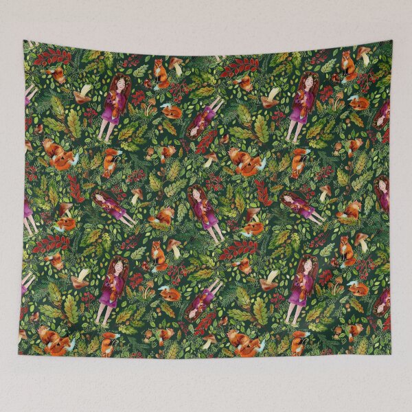 Item preview, Autumn Girl with Foxes Dark Green designed and sold by SandraArtStudio.