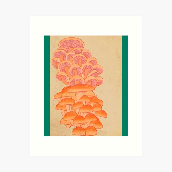 Peach Vintage 70s Mushrooms Long Art Print