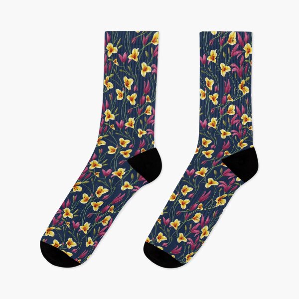 Item preview, Tropical Floral print with yellow and maroon red flowers on navy blue background  designed and sold by Purple-Horizon.