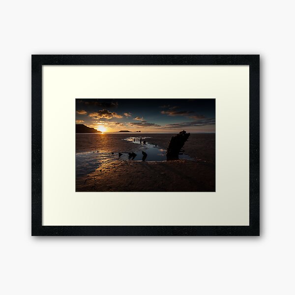 Rossili bay, Worm's head and the wreck of Helvetia Framed Art Print
