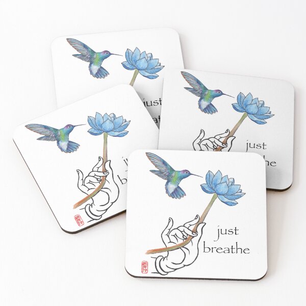 Item preview, Just Breathe, Buddha hand and hummingbird designed and sold by Roy & Tiffany.