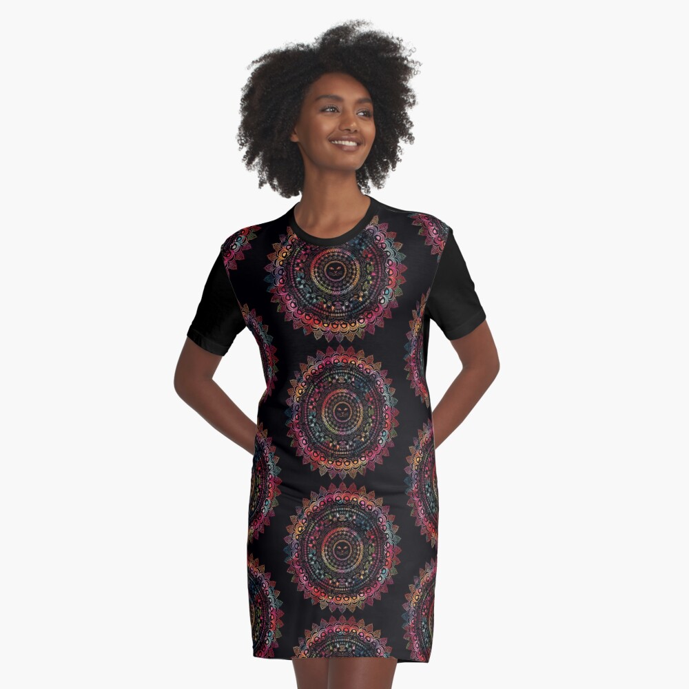 Rainbow Kitty Cat Mandala Graphic T-Shirt Dress