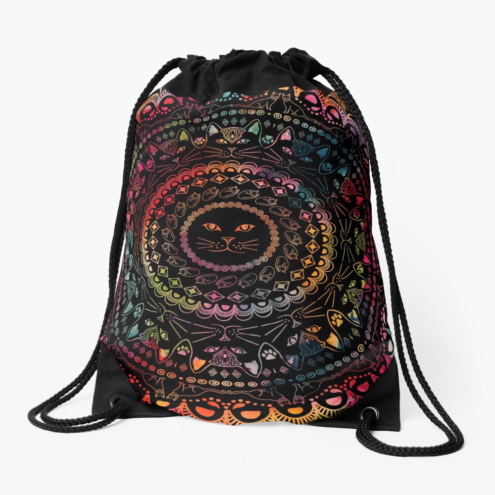 Rainbow Kitty Cat Mandala Drawstring Bag