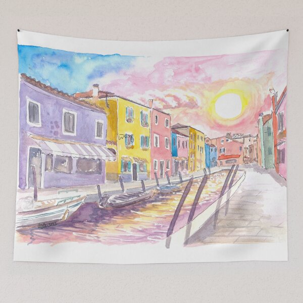 Item preview, Canal de Burano colorido con tiendas y reflejos del sol en el canal designed and sold by artshop77.