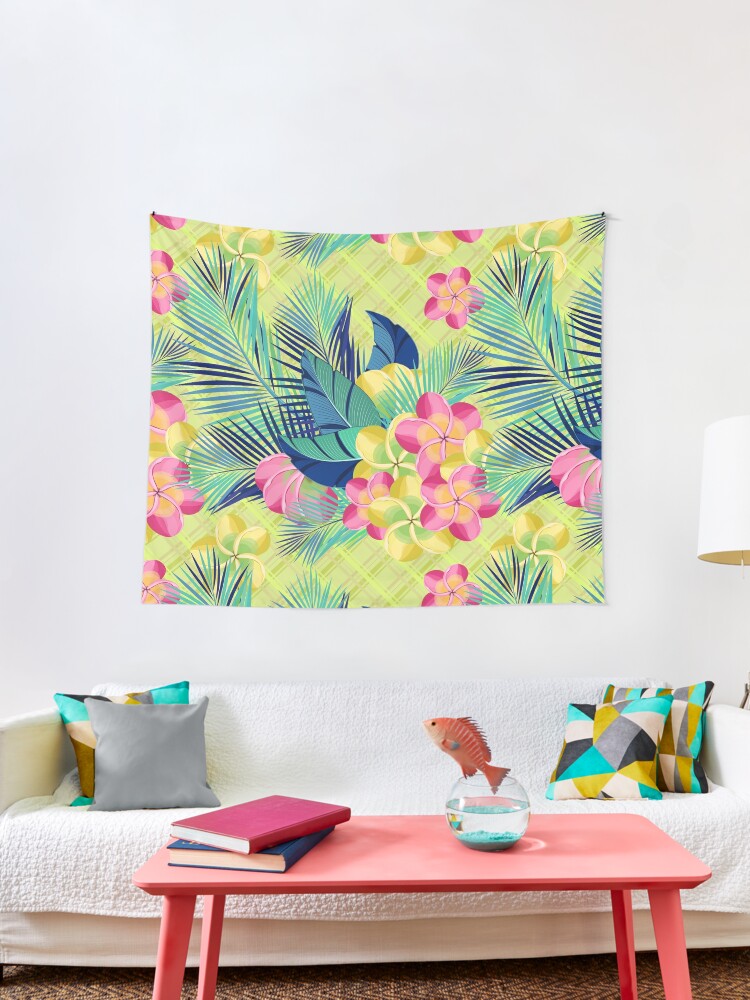 Tela decorativa «Flores tropicales y hojas en un fondo a cuadros pastel» de  IrinkaArt | Redbubble