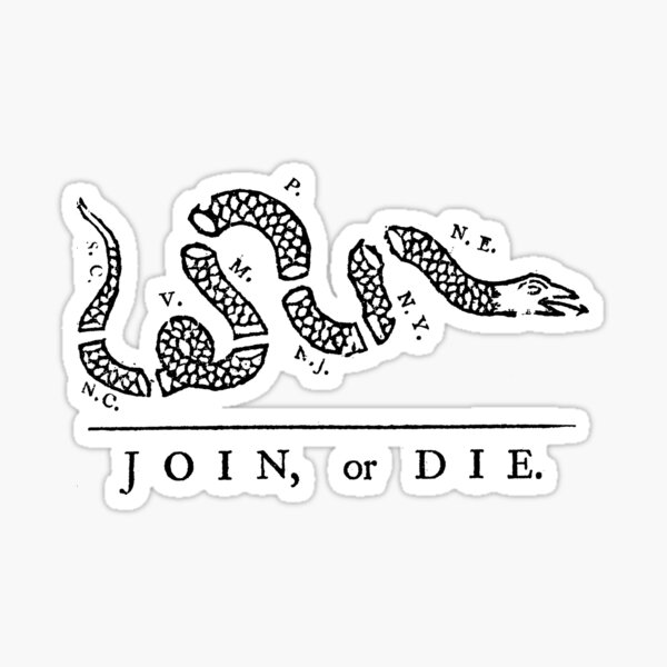 Join, or Die, Political cartoon, Benjamin Franklin, in BLACK. Sticker