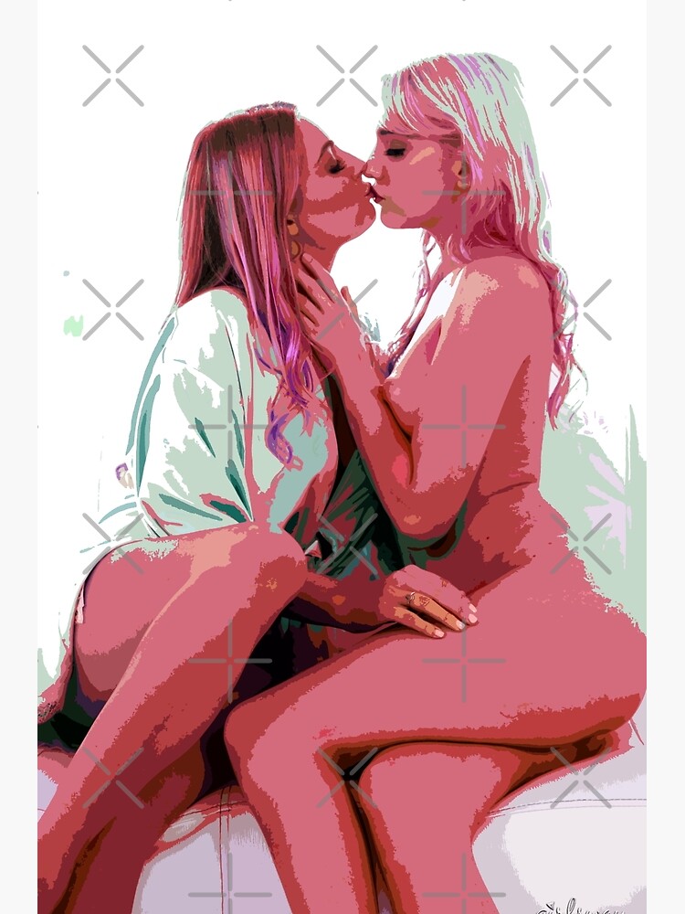 Disover Romantic Girls Kissing Passionately Erotic Art Pink Premium Matte Vertical Poster