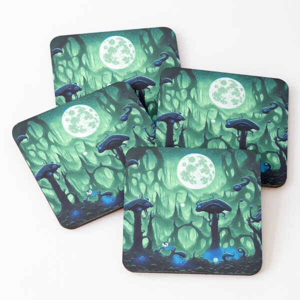 Item preview, Alien planet landscape with snail-monsters nesting on trees and a large moon designed and sold by BrachiaST.