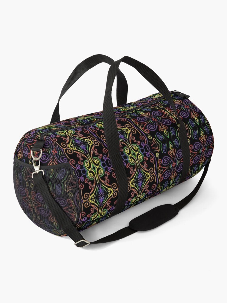 Thumbnail 2 of 3, Duffle Bag, Bright Rainbow Swirl Checker Grid on Black designed and sold by ThatsJustJilly.