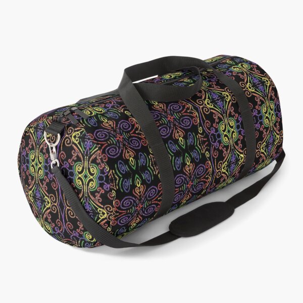 Bright Rainbow Swirl Checker Grid on Black Duffle Bag