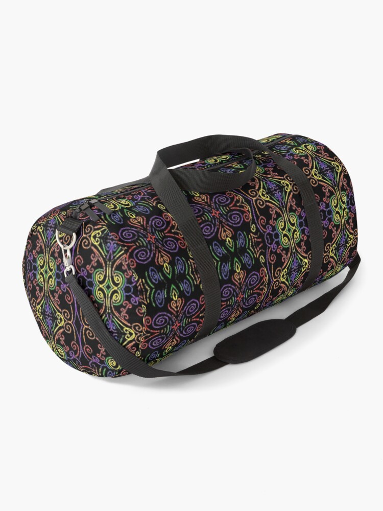 Thumbnail 1 of 3, Duffle Bag, Bright Rainbow Swirl Checker Grid on Black designed and sold by ThatsJustJilly.