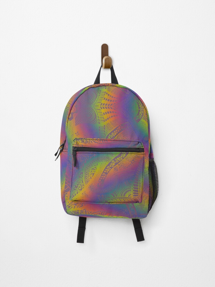 Thumbnail 1 of 3, Backpack, Muted Rainbow Loops Over Purple Trippy Zentangle Art designed and sold by ThatsJustJilly.