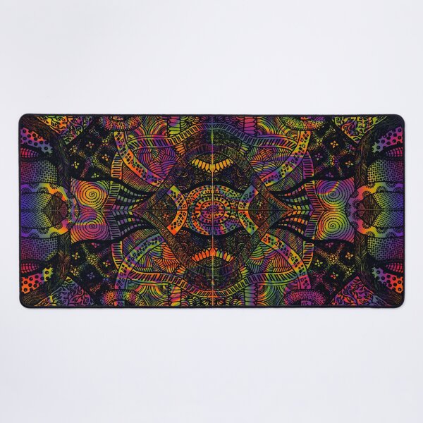 Black Loops Over Trippy Rainbow Zentangle Art Desk Mat