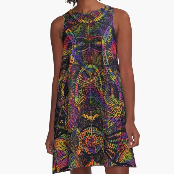 Black Loops Over Trippy Rainbow Zentangle Art A-Line Dress