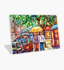 VERDUN RAINY URBAN CANADIAN LANDSCAPE PAINTING MONTREAL STREET STROLLING BY SHOPS CAROLE SPANDAU ART Laptop Skin