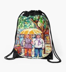 VERDUN RAINY URBAN CANADIAN LANDSCAPE PAINTING MONTREAL STREET STROLLING BY SHOPS CAROLE SPANDAU ART Drawstring Bag