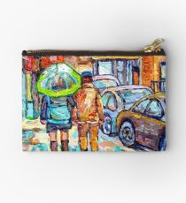 THE GIRL WITH GREEN UMBRELLA STROLLS VERDUN RAINY STREETS RUE WELLINGTON CANADIAN PAINTING CAROLE SPANDAU Studio Pouch