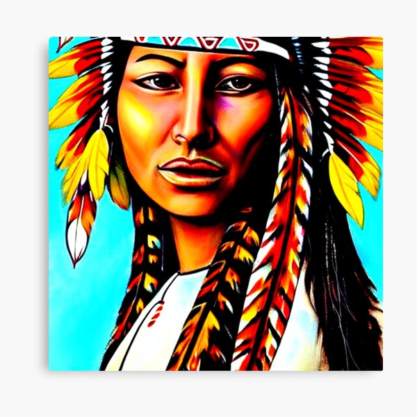 Native American Women Portrait Original Ink Painting Native Female With Warbonnet Indian