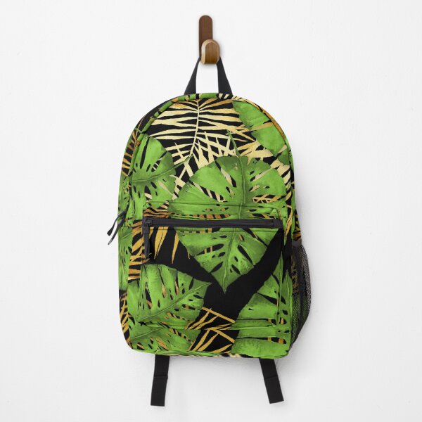 Item preview, Tropical Haze Noir green monstera leaves, golden palm fronds on black designed and sold by Glimmersmith.