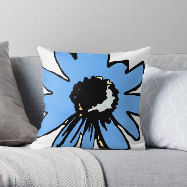 Retro pretty daisy blue black floral Throw Pillow