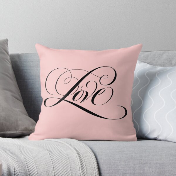 Romantic Black LOVE Calligraphy Script Lettering Blush Pastel Pink Throw Pillow