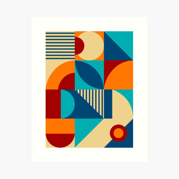 Aperçu de l'œuvre Motif moderne du milieu du siècle bleu orange jaune orange et rouge | Motifs Bauhaus sur créée et vendue par Dezinix.