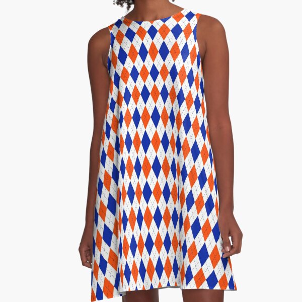 Orange and Blue Traditional Argyle All Over Print A-Line Dress