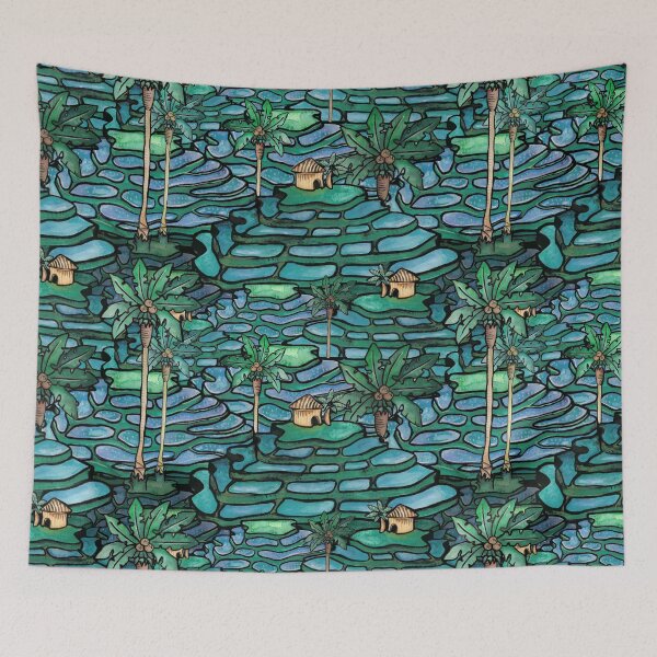 Item preview, Bali. paddy field. hand drawn pattern, earthy, bali, landscape, rice, watercolor, green blue designed and sold by Soulape.