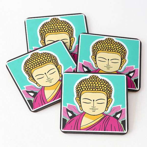 Artikelvorschau, Rosa Buddha-Augen geschlossen, grüner Hintergrund, abstraktes Motivmuster im Comic-Stil (Anime-Cartoon-Stil, Tapetenkachel) entworfen und verkauft von Digital-Davinci.