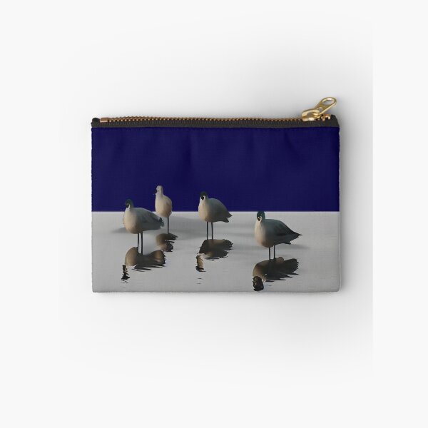 Item preview, Four water birds on a grey beach. Blue background designed and sold by janesg.