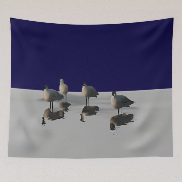 Item preview, Four water birds on a grey beach. Blue background designed and sold by janesg.