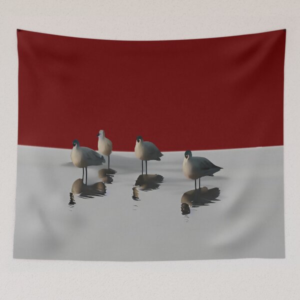 Item preview, Four water birds on a grey beach with red sunset background. Red background designed and sold by janesg.