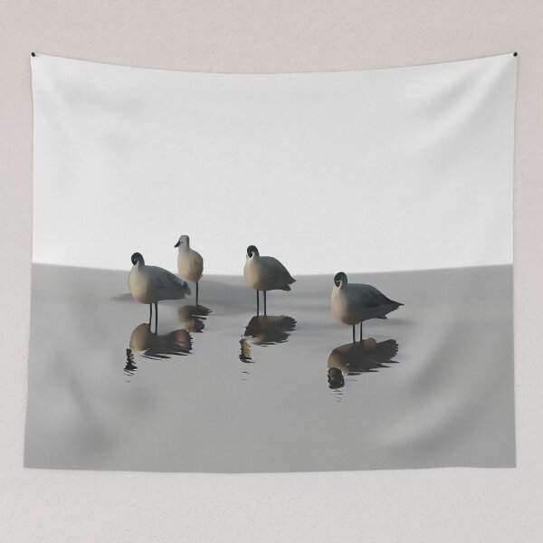 Item preview, Four water birds on a grey beach. White background designed and sold by janesg.