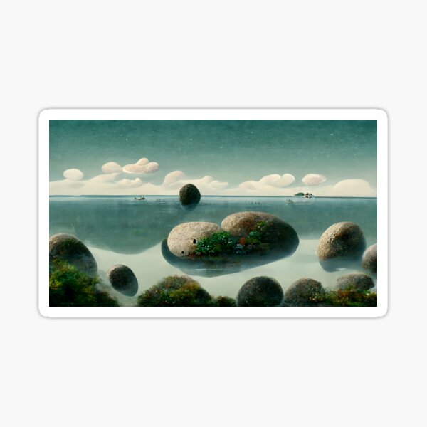 A hidden bay landscape with cute little entities floating on the sea (anime style) Sticker
