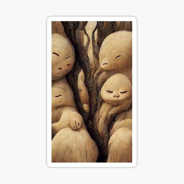Cute little entities resting close to the exposed roots of a giant and wise tree (anime style) Sticker