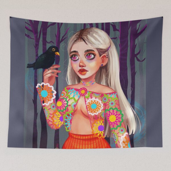 Item preview, Black bird and a witch in a colorful crochet top designed and sold by FinaSusu.