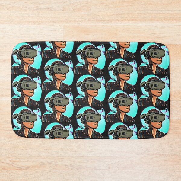 Item preview, Olive Skinned Man wearing VR Headset with Headphones, Blue & Gray Background, Abstract Comic Style Motif Pattern  (anime cartoon style,  wallpaper tile) designed and sold by Digital-Davinci.