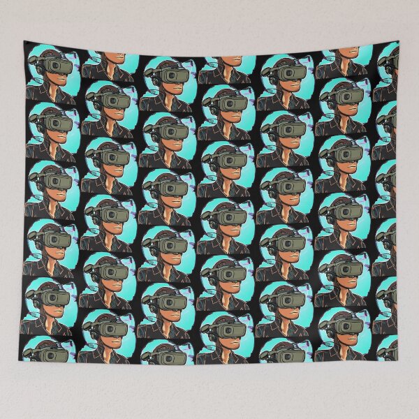 Item preview, Olive Skinned Man wearing VR Headset with Headphones, Blue & Gray Background, Abstract Comic Style Motif Pattern  (anime cartoon style,  wallpaper tile) designed and sold by Digital-Davinci.