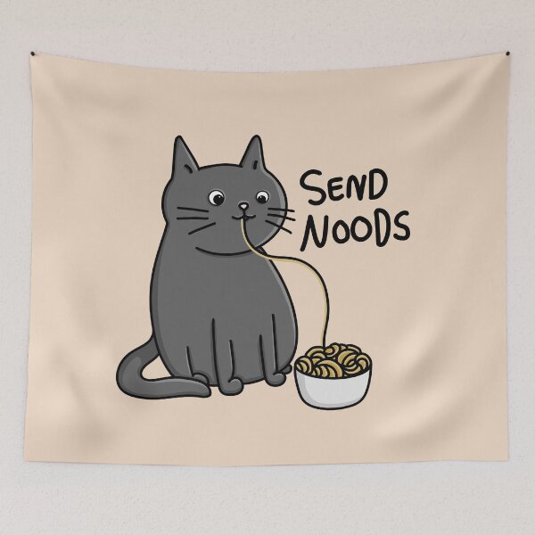 Item preview, Cute funny cat eating noodles with Send Noods quote modern minimal cartoon Digital Illustration designed and sold by AlmightyClaire.